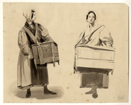 32545 Afbeelding van een vrouw met een draagbaar orgeltje tijdens een kermis te Utrecht. Links een uitgewerkte ...
